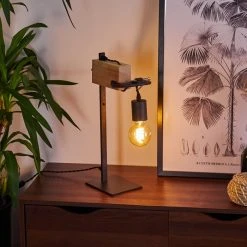 Hofstein Hautahi Tischleuchte Schwarz, Holz hell, 1-flammig